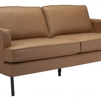 72" Camel Brown Faux Leather And Black Metal Sofa