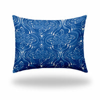 12" X 16" Blue And White Enveloped Ikat Lumbar Indoor Outdoor Pillow