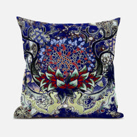 20” Blue Red Flower Bloom Suede Throw Pillow