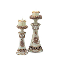 Set of 2 Beige And Brown Vintage Pillar Tabletop Candle Holders