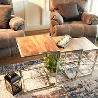 Set of Three Stylish Wood and Metal C Shaped Nesting End Tables