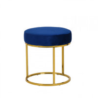 16" Blue Velvet And Gold Round Footstool Ottoman