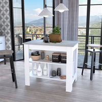 Marble and White Kitchen Island with Three Storage Shelves