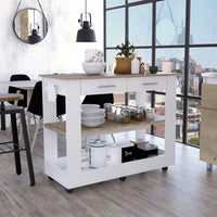 Light Oak and White Kitchen Island with Drawer Shelves and Casters