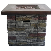 Outdoor Brown Wood and Brick Square Gas Fire Pit with Lava Rocks