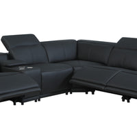 Black Italian Leather Power Recline L Shape Six Piece Corner Sectional With Console