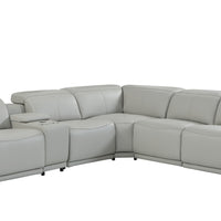 Light Gray Italian Leather Power Recline L Shape Six Piece Corner Sectional With Console