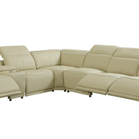 Beige Italian Leather Power Recline L Shape Seven Piece Corner Sectional With Console