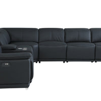 Black Italian Leather Power Recline L Shape Seven Piece Corner Sectional With Console