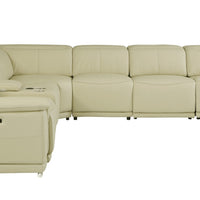 Beige Italian Leather Power Recline L Shape Seven Piece Corner Sectional With Console