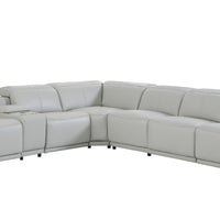 Light Gray Italian Leather Power Recline L Shape Seven Piece Corner Sectional With Console