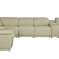 Beige Italian Leather Power Recline L Shape Eight Piece Corner Sectional With Console