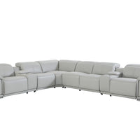 Light Gray Italian Leather Power Recline L Shape Eight Piece Corner Sectional With Console