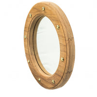 11" Round Wall Mounted Teak Wood Mirror with Nautical Rivets