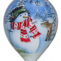 Adorable Snowman and Deer Hand Painted Mouth Blown Glass Ornament