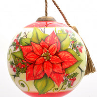 Poinsettia Flower Hand Painted Mouth Blown Glass Ornament