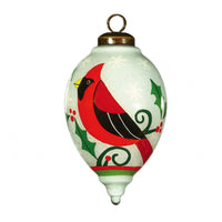 Festive Glitter Red Cardinal Hand Painted Mouth Blown Glass Ornament