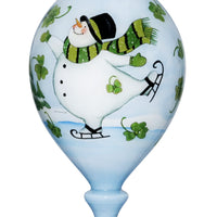 Ice Skating Shamrock Snowman Hand Painted Mouth Blown Glass Ornament