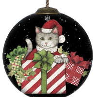 Christmas Cat with Presents Hand Painted Mouth Blown Glass Ornament