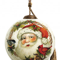 Winter Wreath Forest Santa Hand Painted Mouth Blown Glass Ornament