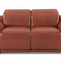 72" Camel Brown Italian Leather and Chrome Power Recline Love Seat With Storage