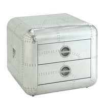 22" Silver Aluminum Aviator Trunk Style Square End Table With Two Drawers