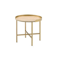 22" Gold And Oak Manufactured Wood And Metal Round End Table