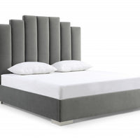 Queen Grey Upholstered Vertical Channel Velvet Bed with USB
