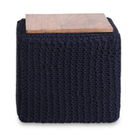 16" Navy Blue Cotton Blend And Brown Pouf Ottoman