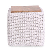 16" White Cotton Blend And Brown Pouf Ottoman