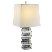 30" Clear and Mirrored Glass Faux Crystal Table Lamp With White Square Shade