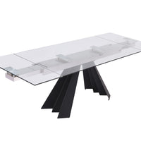 63" Glass and Black Extendable Dining Table With Accordion Metal Base