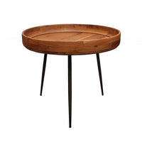 18" Black And Natural Brown Solid Wood And Iron Round End Table