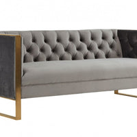 75" Grey and Gold Tufted Velvet Chesterfield Style Sofa