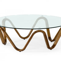 45" Walnut And Clear Glass Abstract Wood Round Coffee Table