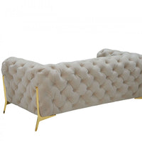 74" Beige Tufted Velvet And Gold Chesterfield Love Seat