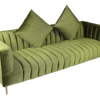 90" Moss Green Velvet And Gold Sofa With Two Toss Pillows