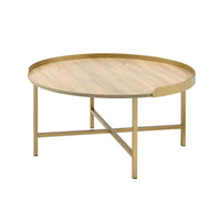 34" Gold And Oak Manufactured Wood And Metal Round Coffee Table