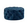 33" Navy Blue Velvet And Black Rolling Tufted Round Cocktail Ottoman
