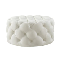 33" White Linen And Black Rolling Tufted Round Cocktail Ottoman