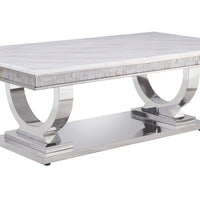 51" Silver And White Artificial Marble Rectangular Mirrored Coffee Table