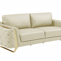 90" Beige Italian Leather And Gold Standard Sofa
