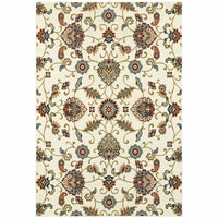 5' X 8' Ivory Green Blue Red Salmon And Yellow Floral Power Loom Stain Resistant Area Rug