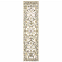 2' X 8' Stone Grey Ivory Green Brown Teal And Light Blue Oriental Power Loom Stain Resistant Runner Rug