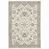 9' X 12' Stone Grey Ivory Green Brown Teal And Light Blue Oriental Power Loom Stain Resistant Area Rug