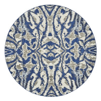 '9' Blue Taupe And Ivory Round Ikat Distressed Stain Resistant Area Rug