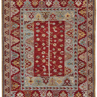 8' X 10' Red Blue And Brown Wool Floral Hand Knotted Distressed Stain Resistant Area Rug With Fringe