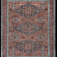 5' X 8' Red Orange And Blue Wool Floral Hand Knotted Distressed Stain Resistant Area Rug With Fringe
