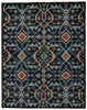 9' X 12' Blue Yellow And Red Wool Floral Hand Knotted Distressed Stain Resistant Area Rug With Fringe