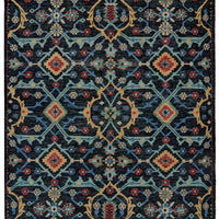 10' X 13' Blue Yellow And Red Wool Floral Hand Knotted Distressed Stain Resistant Area Rug With Fringe
